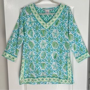 Gretchen Scott Designs Blue and Green Sea Shell Long Sleeve Tunic Top
